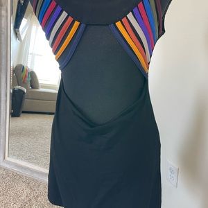 Open back short black dress with colorful straps